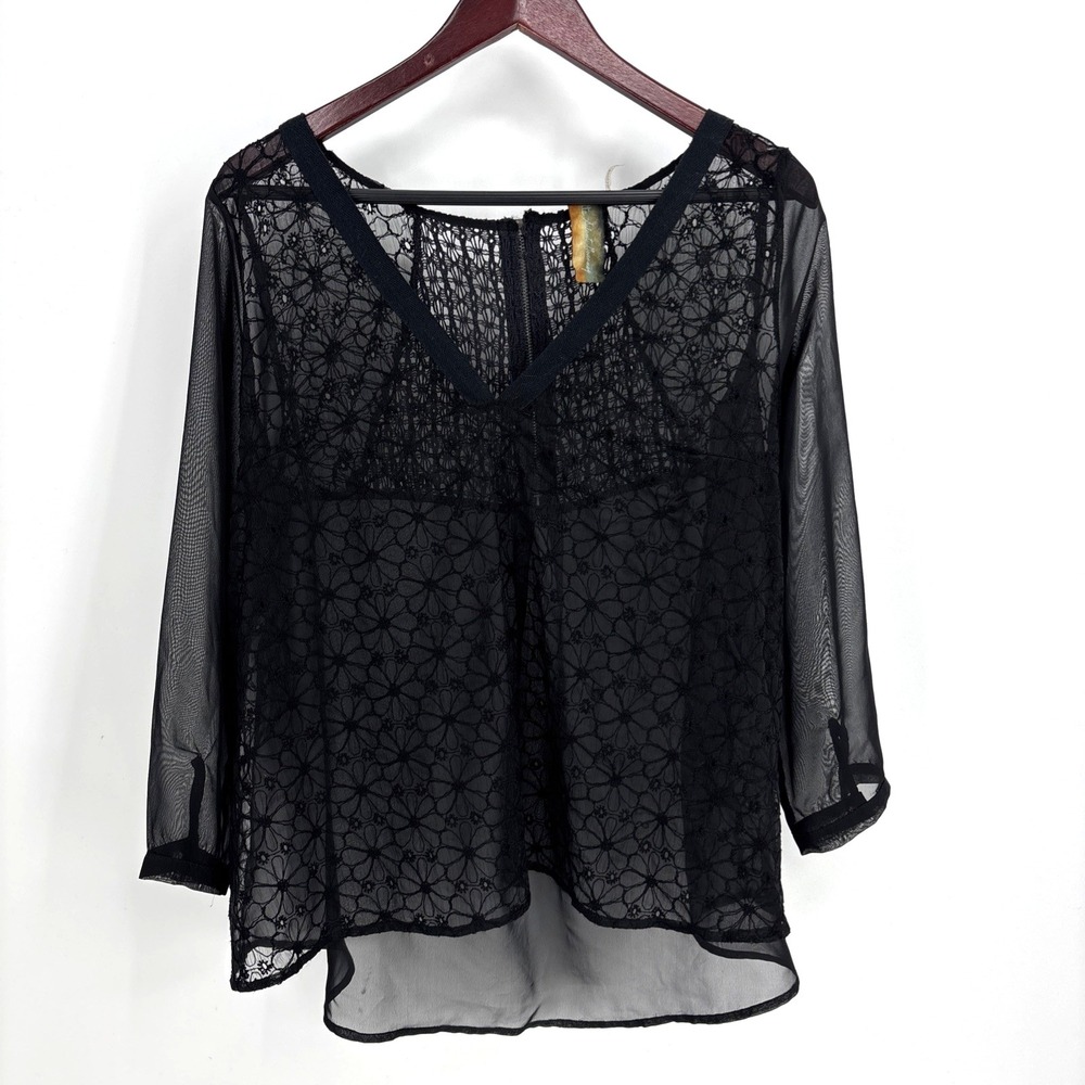 Aratta Silent Journey Black Silk Blend Top Floral Embroidery Sheer L‎ Luxury